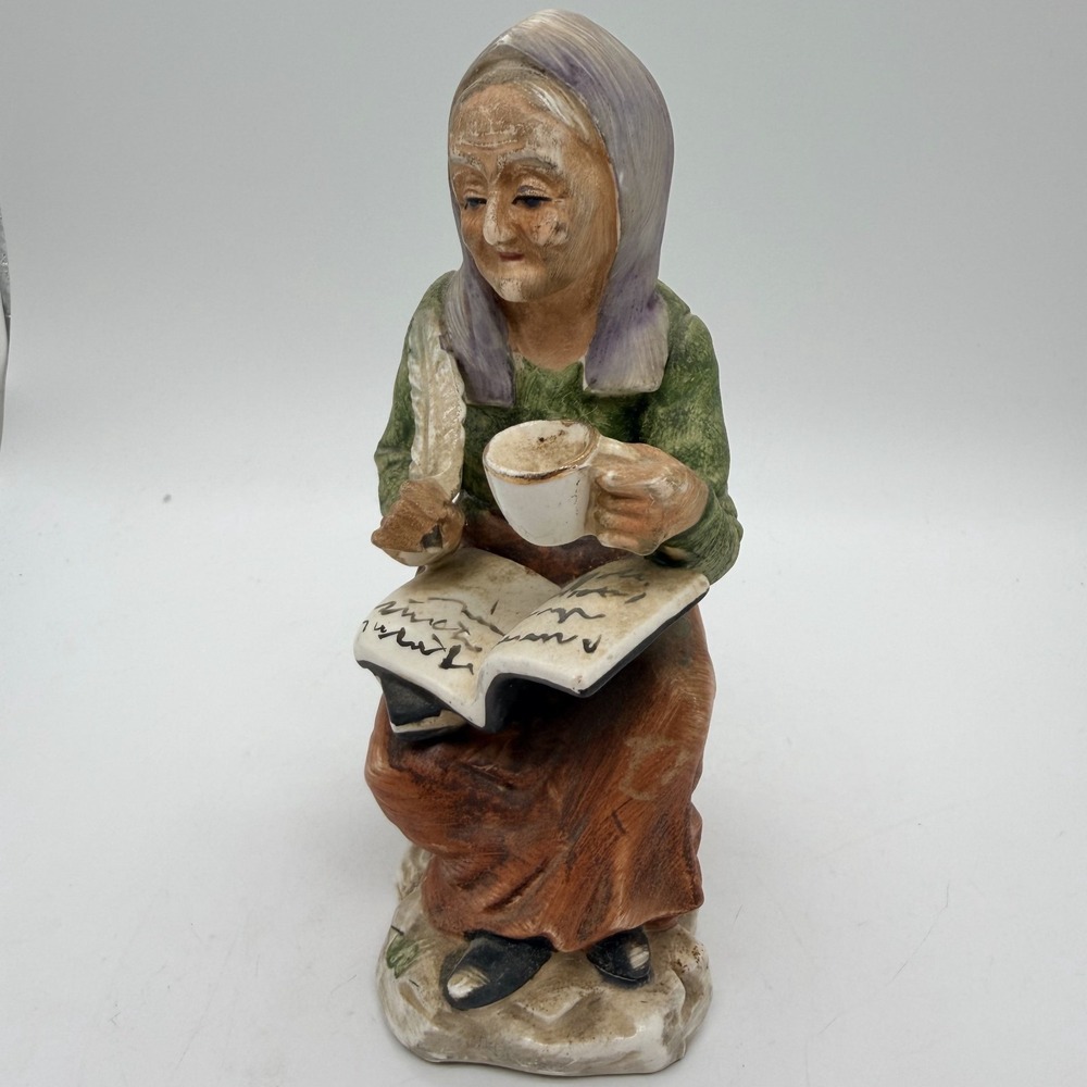 Vintage Norleans Peasant Elderly Woman Writing Quill Cup Ceramic Figurine 6 1/2"